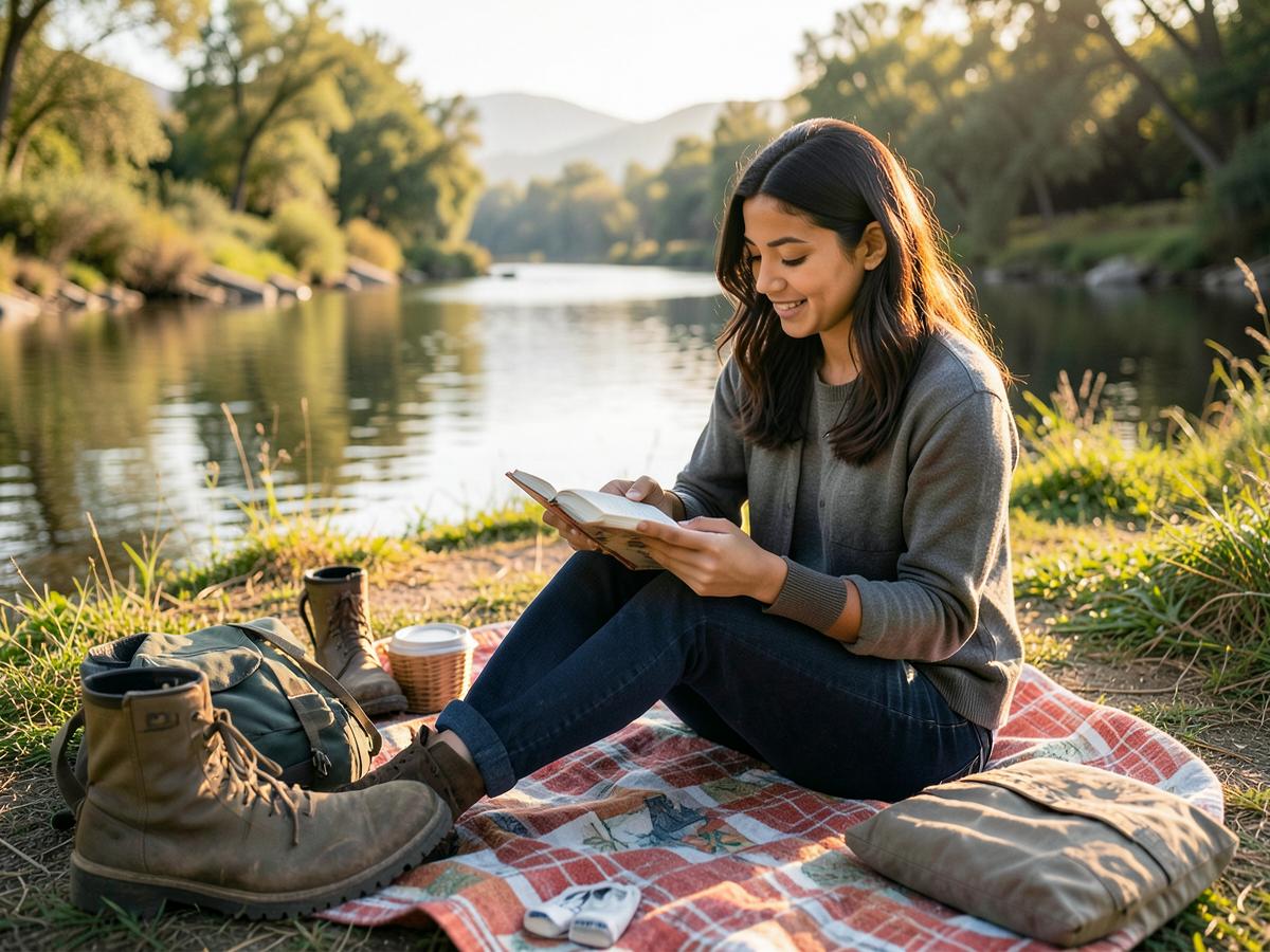 Woman reading beside a river with hiking gear nearby