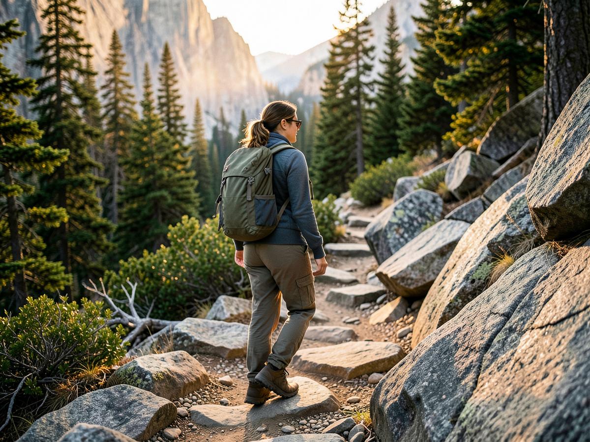 Woman hiking a granite mountain trail
