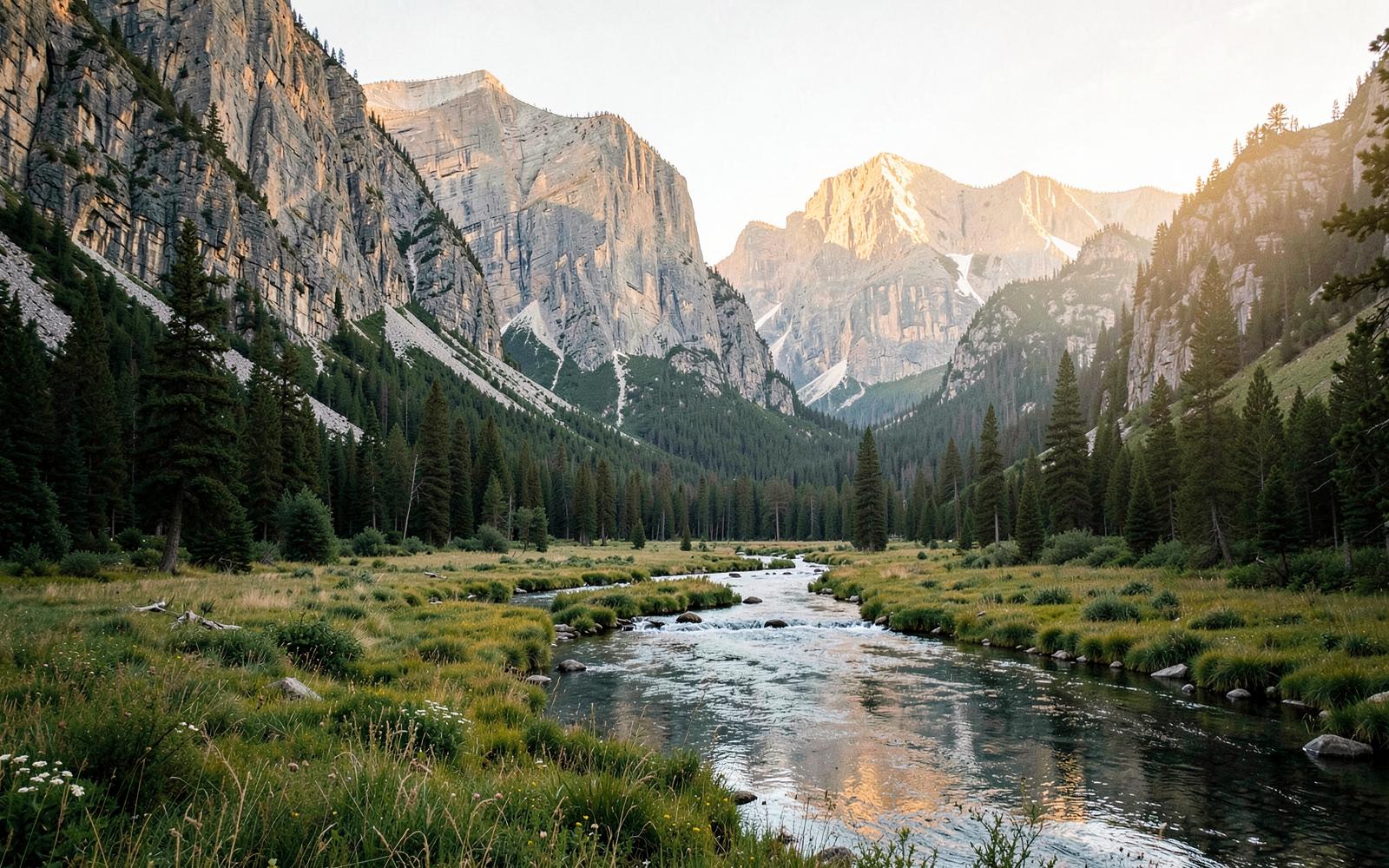 River and meadow beneath Yosemite granite cliffs