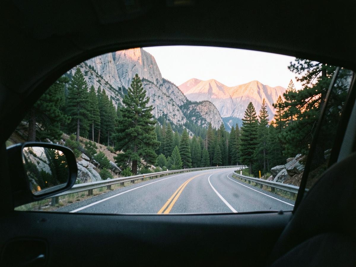 Mountain road seen through a car window