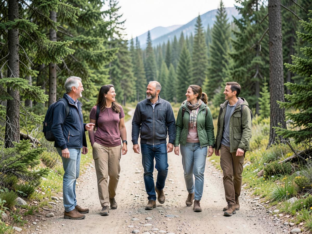 A group of adults walking together on a broad mountain forest trail
