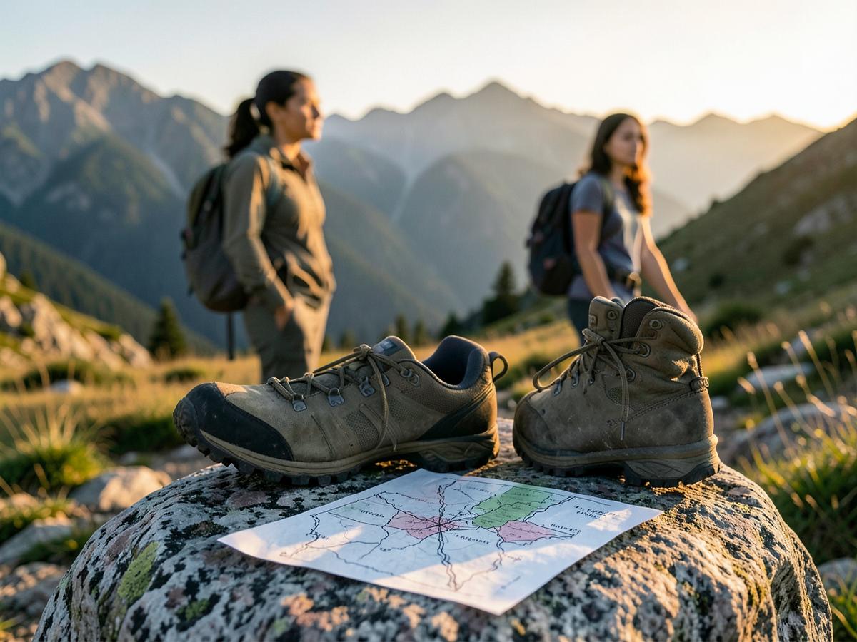 Trail boots and a map resting on granite with hikers in the distance