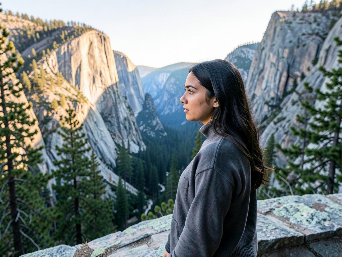 Young Latina woman looking across a granite valley in Yosemite