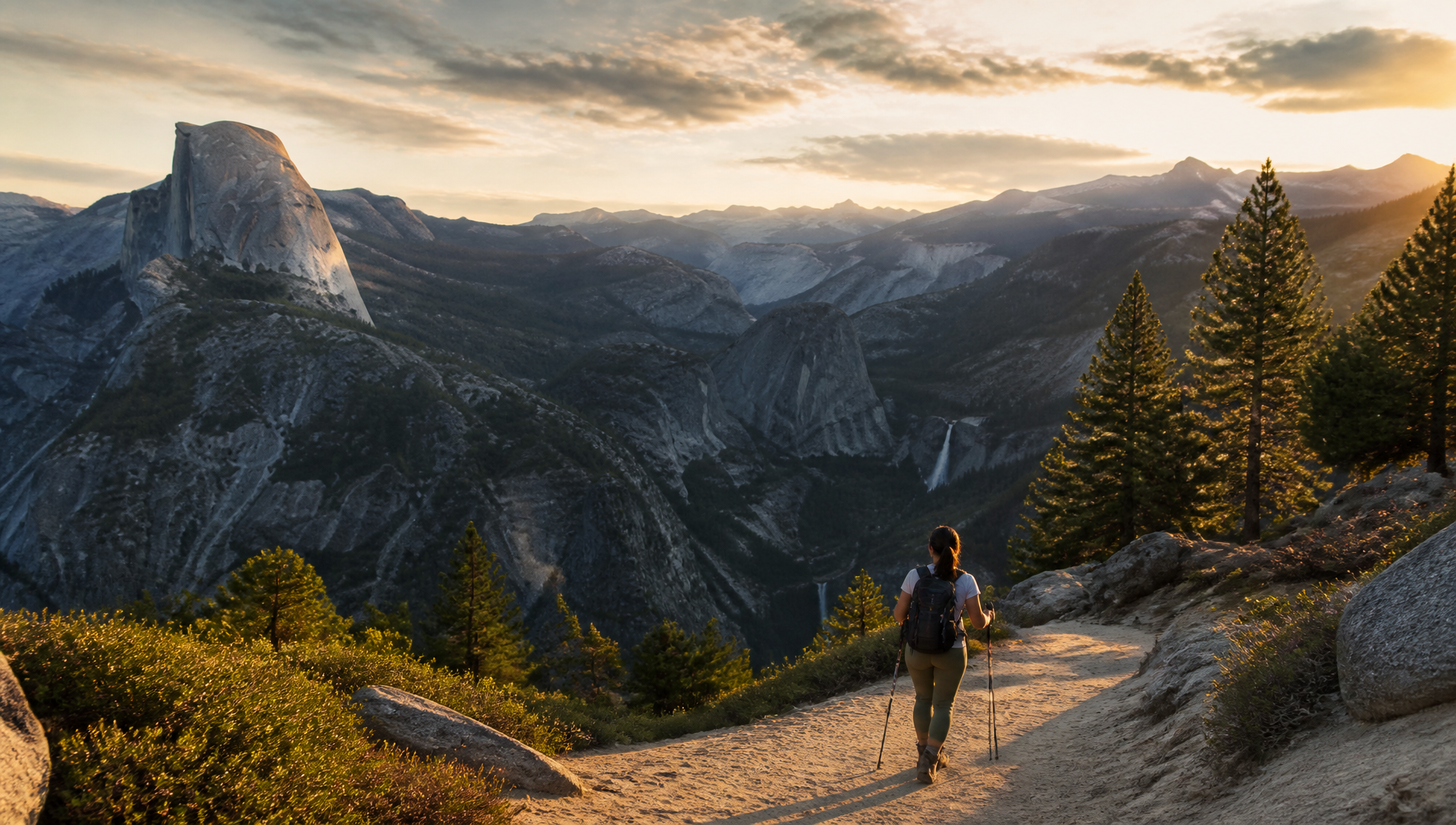 A lone woman hiking above a granite valley at golden hour